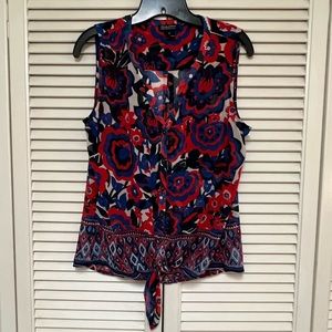 Lucky Brand Sleeveless Red White & Blue Floral Tie Front Top - Size Medium - EUC